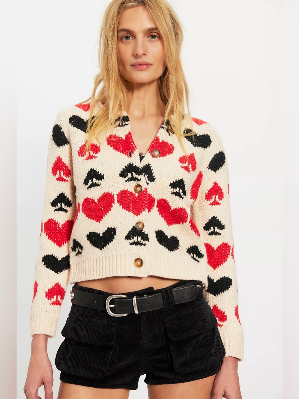 NWT Free People Queenie Cardi Sweater Hearts Spade